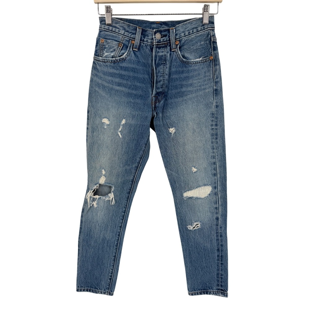 Levi's 501 Distressed Medium Wash High Rise Skinny Jeans White Oak Cone Denim 24